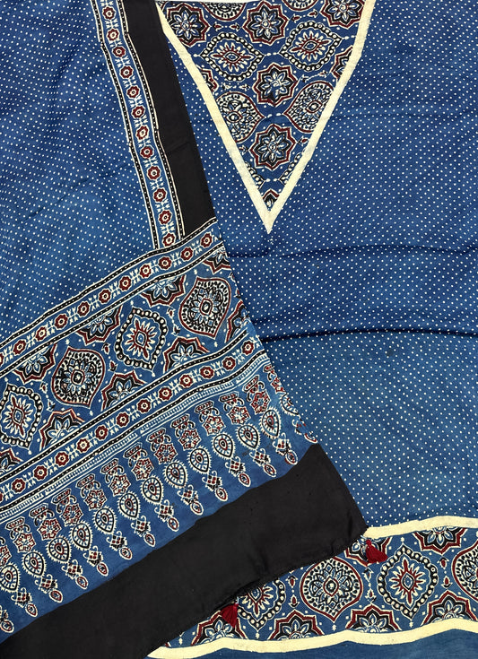 Unstitched - Modal Silk 2-Piece (Top & Dupatta 2.5 mtr each) Handblock Ajrakh Vegetable Dye - Blue