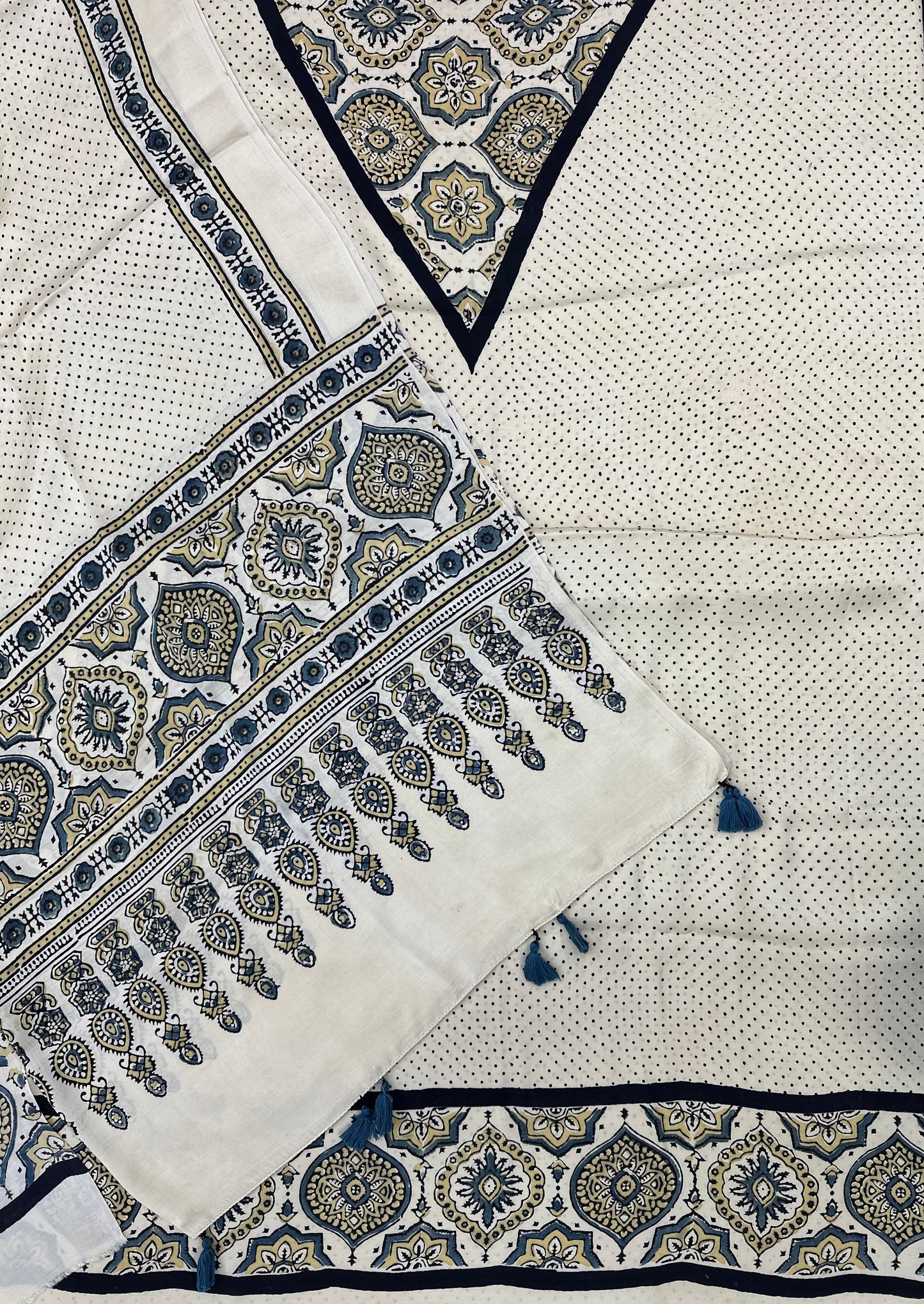 Unstitched - Modal Silk 2-Piece (Top & Dupatta 2.5 mtr each) Handblock Ajrakh Vegetable Dye - Ivory/Beige