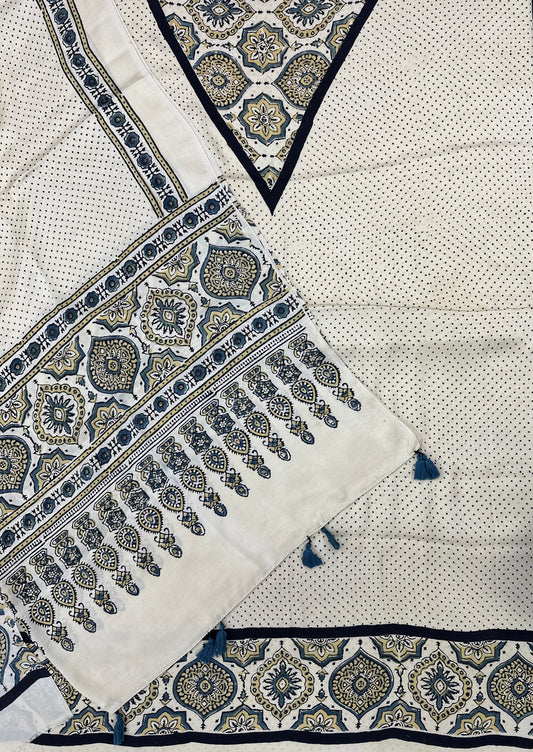 Unstitched - Modal Silk 2-Piece (Top & Dupatta 2.5 mtr each) Handblock Ajrakh Vegetable Dye - Ivory/Beige