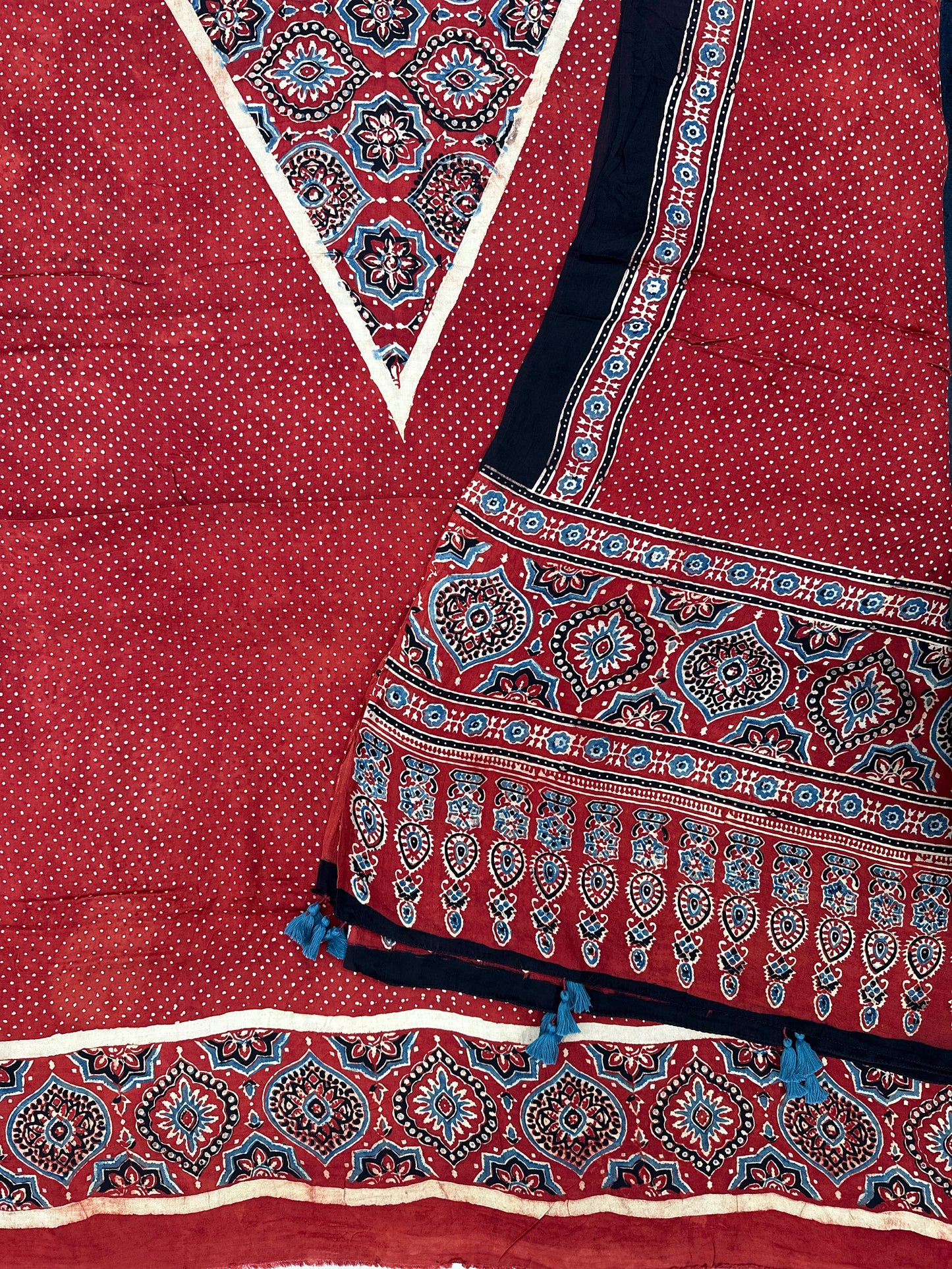 Unstitched - Modal Silk 2-Piece (Top & Dupatta 2.5 mtr each) Handblock Ajrakh Vegetable Dye - Red