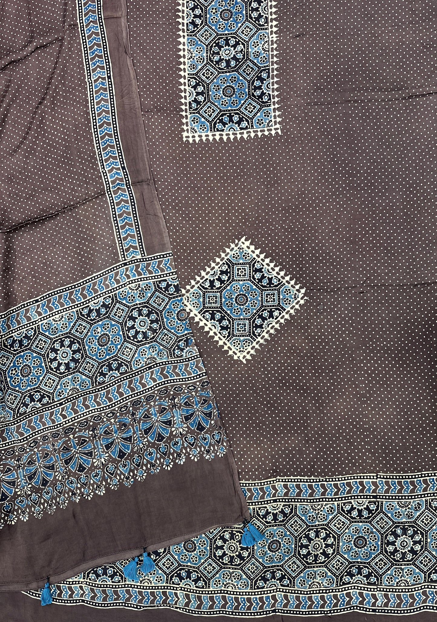 Unstitched - Modal Silk 2-Piece (Top & Dupatta 2.5 mtr each) Handblock Ajrakh Vegetable Dye - Brown