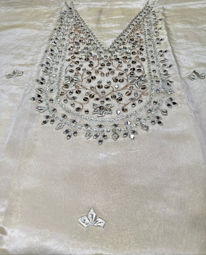 Unstitched - Maheshwari Silk Gota Patti Mirror Work Santoon Bottom - Beige