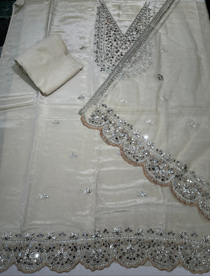 Unstitched - Maheshwari Silk Gota Patti Mirror Work Santoon Bottom - Beige