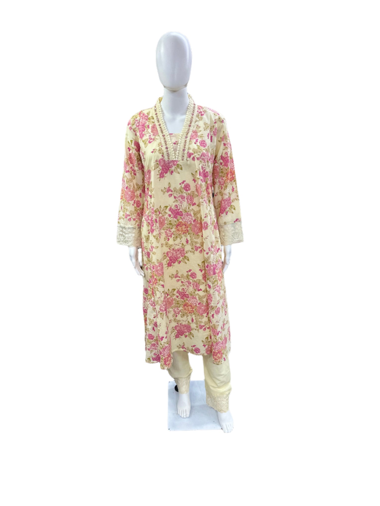 Breathable Cotton 3-Piece Ensemble - Romantic Floral V-Neck A-Line Top with Embroidery &amp; Lace in Pure Ivory