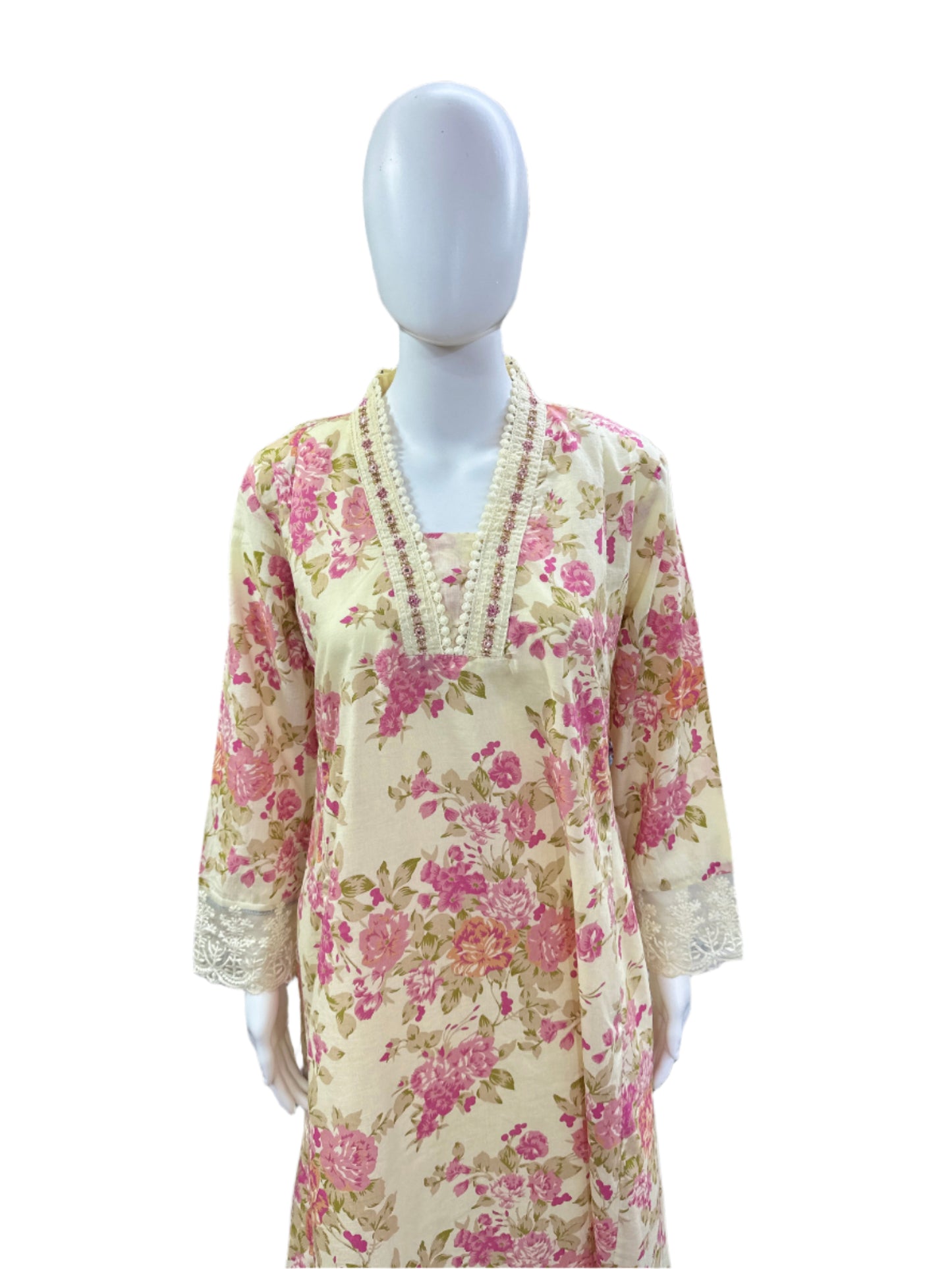 Breathable Cotton 3-Piece Ensemble - Romantic Floral V-Neck A-Line Top with Embroidery &amp; Lace in Pure Ivory