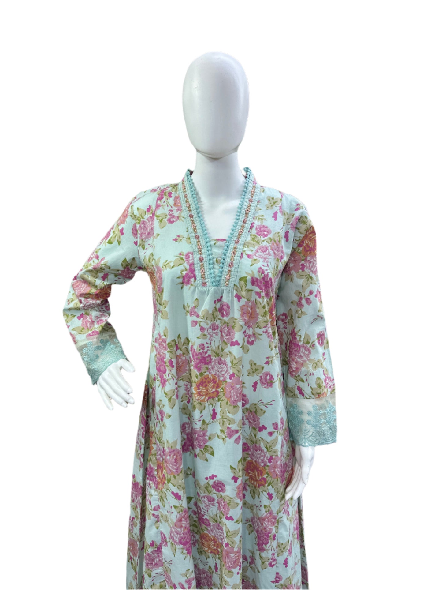 Breathable Cotton 3-Piece Ensemble - Romantic Floral V-Neck A-Line Top with Embroidery & Lace in Serene Powder Blue