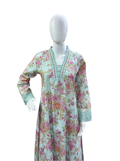 Breathable Cotton 3-Piece Ensemble - Romantic Floral V-Neck A-Line Top with Embroidery & Lace in Serene Powder Blue