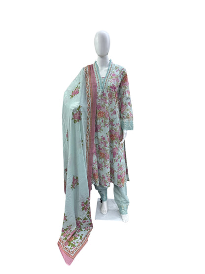 Breathable Cotton 3-Piece Ensemble - Romantic Floral V-Neck A-Line Top with Embroidery & Lace in Serene Powder Blue