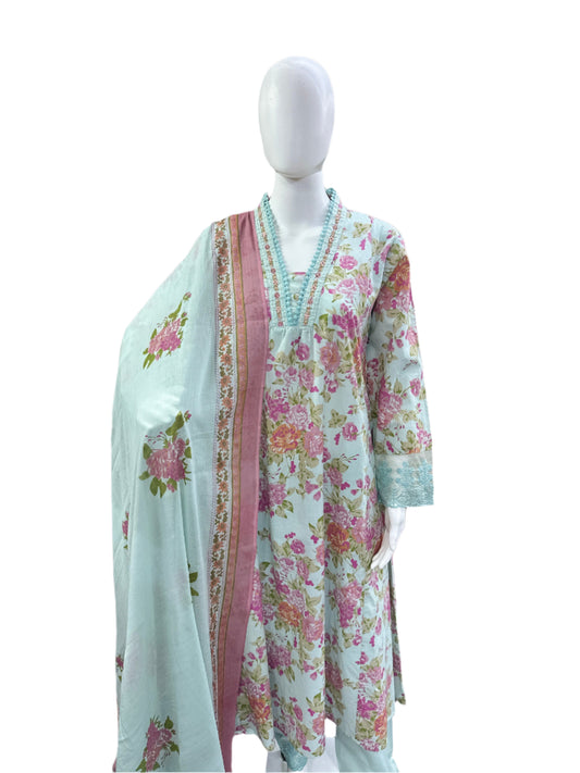 Breathable Cotton 3-Piece Ensemble - Romantic Floral V-Neck A-Line Top with Embroidery & Lace in Serene Powder Blue