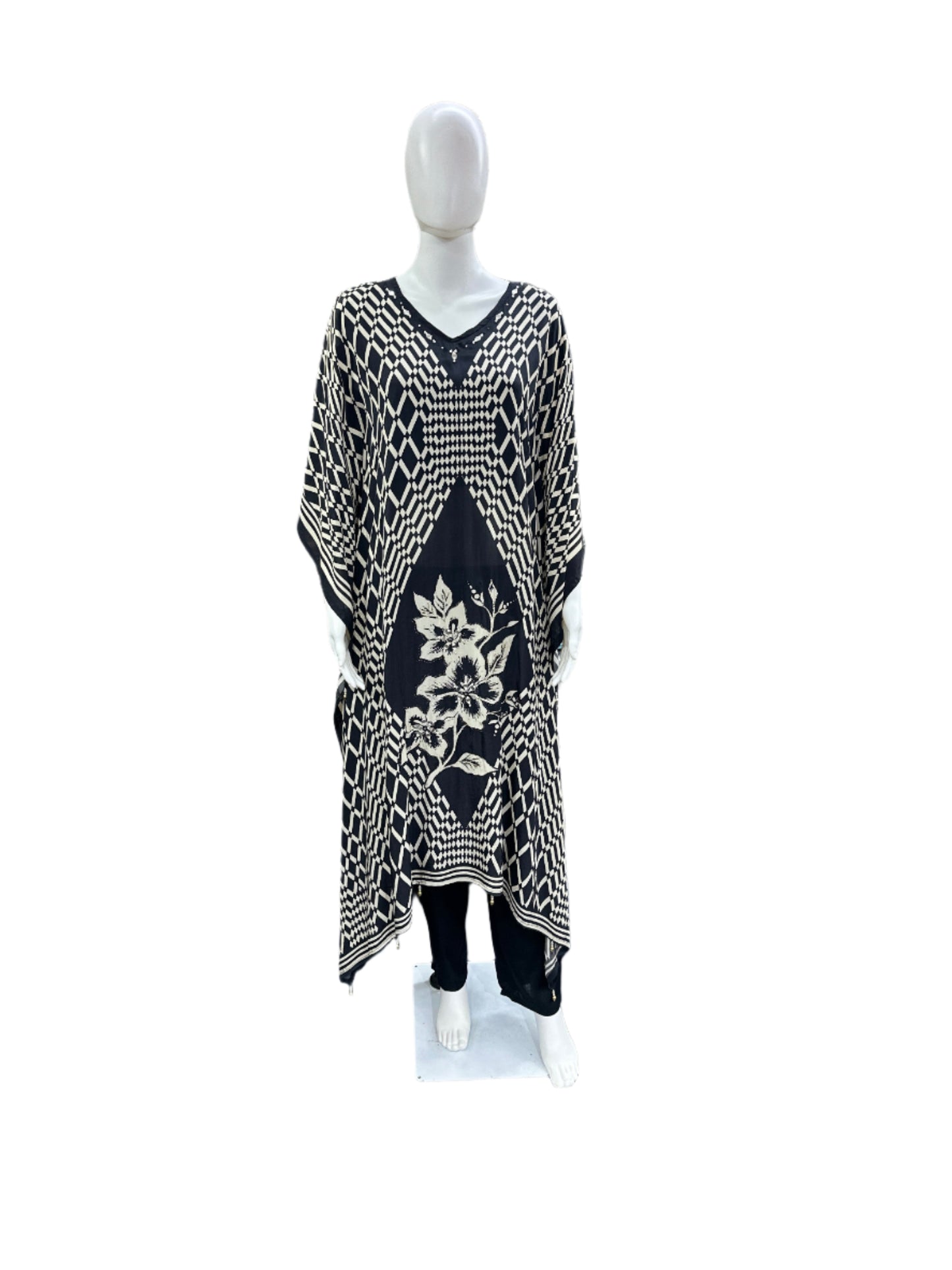 Luxurious Crepe Silk 2-Piece Set - Contemporary Abstract Printed Kaftan with Pearl Work, Tassels & Half Lining, Straight Pants in Classic Black & Beige