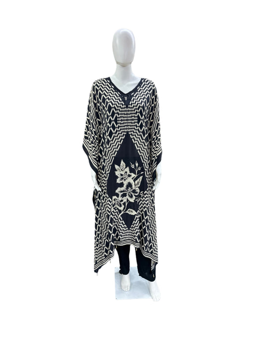 Luxurious Crepe Silk 2-Piece Set - Contemporary Abstract Printed Kaftan with Pearl Work, Tassels & Half Lining, Straight Pants in Classic Black & Beige