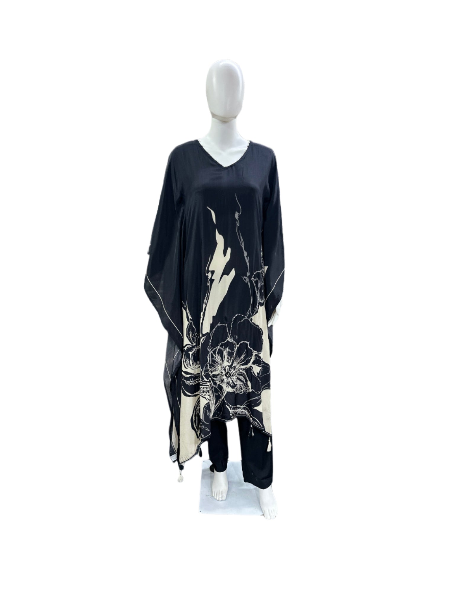 Luxurious Crepe Silk 2-Piece Set - Elegant Floral Printed Kaftan with Pearl Work &amp; Tassels and half lining, Straight Pants in Classic Black &amp; Beige