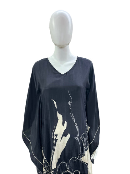 Luxurious Crepe Silk 2-Piece Set - Elegant Floral Printed Kaftan with Pearl Work & Tassels and half lining, Straight Pants in Classic Black & Beige