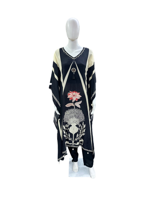 Luxurious Crepe Silk 2-Piece Set - Romantic Floral Printed Kaftan with Shell Tassels & Half Lining, Straight Pants in Classic Black & Beige