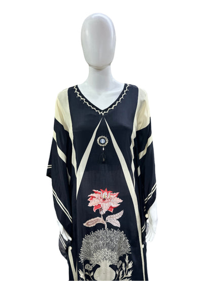 Luxurious Crepe Silk 2-Piece Set - Romantic Floral Printed Kaftan with Shell Tassels & Half Lining, Straight Pants in Classic Black & Beige