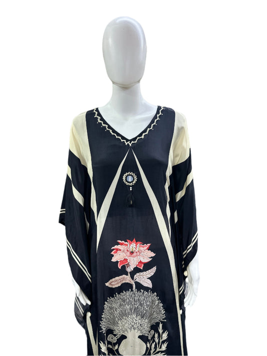 Luxurious Crepe Silk 2-Piece Set - Romantic Floral Printed Kaftan with Shell Tassels & Half Lining, Straight Pants in Classic Black & Beige