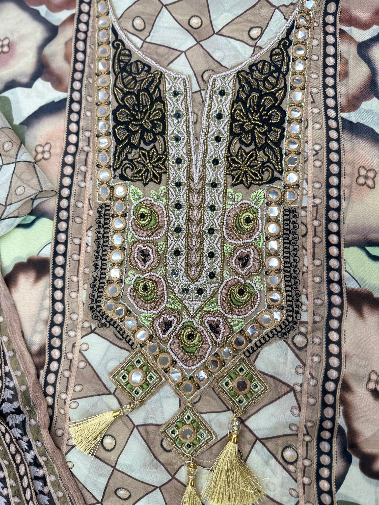 Luxurious Un-Stitched Russian Silk 3-Piece Set - Digital Print with Heavy Pearl & Threadwork on Yoke, Tasseled Dupatta & Santoon Bottom in Elegant Beige