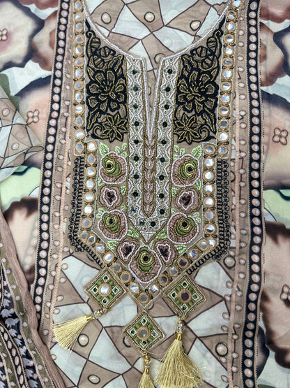 Luxurious Un-Stitched Russian Silk 3-Piece Set - Digital Print with Heavy Pearl & Threadwork on Yoke, Tasseled Dupatta & Santoon Bottom in Elegant Beige
