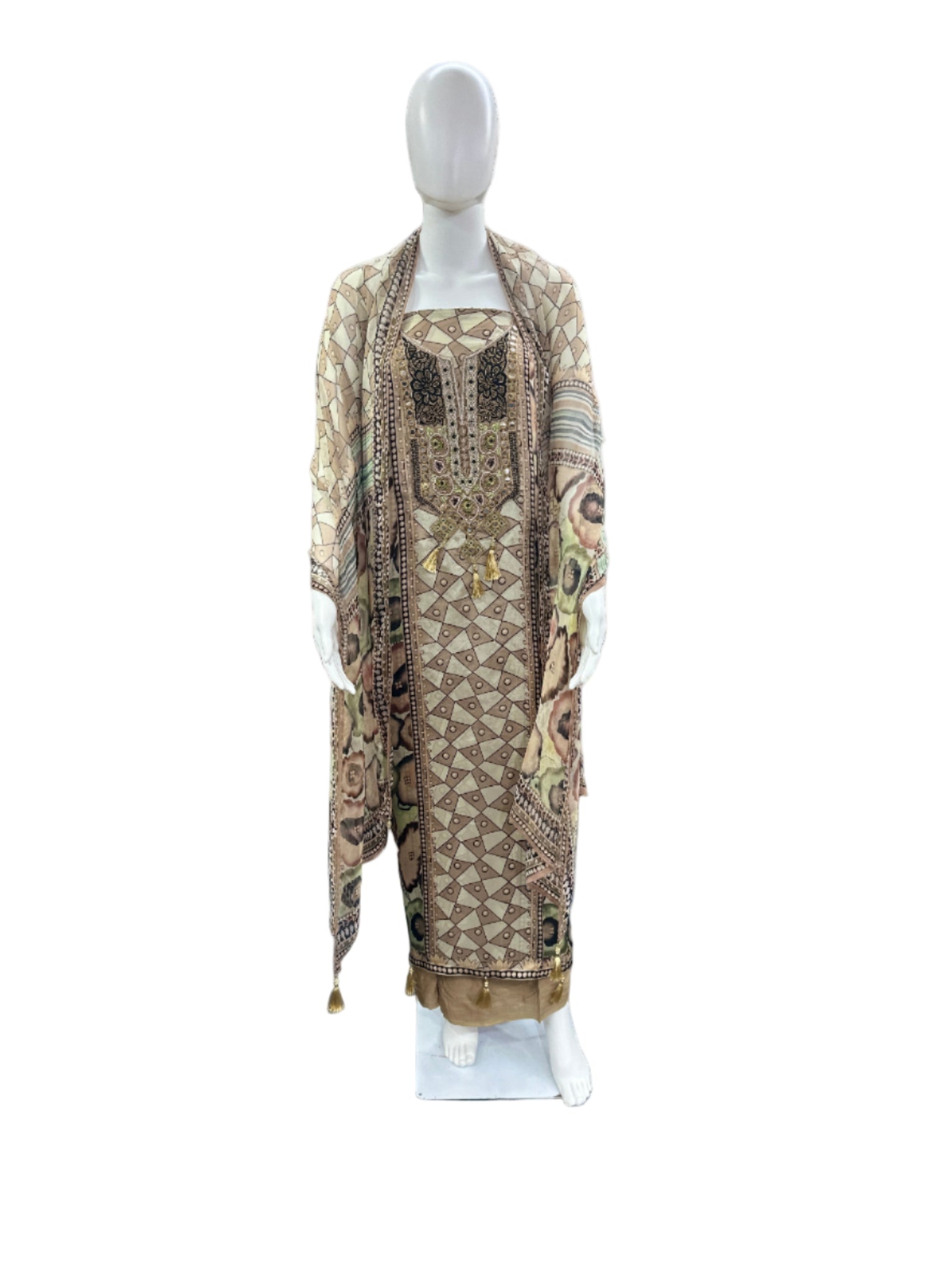 Luxurious Un-Stitched Russian Silk 3-Piece Set - Digital Print with Heavy Pearl & Threadwork on Yoke, Tasseled Dupatta & Santoon Bottom in Elegant Beige