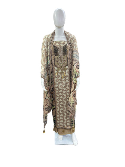 Luxurious Un-Stitched Russian Silk 3-Piece Set - Digital Print with Heavy Pearl & Threadwork on Yoke, Tasseled Dupatta & Santoon Bottom in Elegant Beige