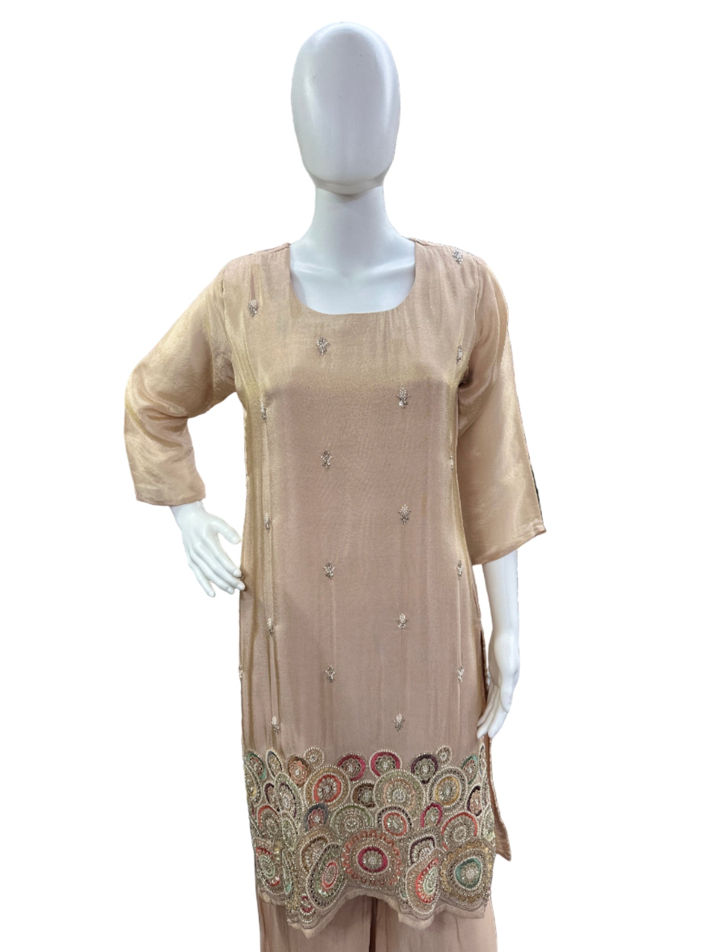 Luxurious Shimmer Silk 3-Piece Ensemble - Straight Top with Heavy Embroidery on Hemline, Loose Divider with Lining & Lace Dupatta in Soft Peach