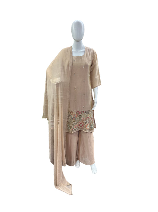 Luxurious Shimmer Silk 3-Piece Ensemble - Straight Top with Heavy Embroidery on Hemline, Loose Divider with Lining & Lace Dupatta in Soft Peach