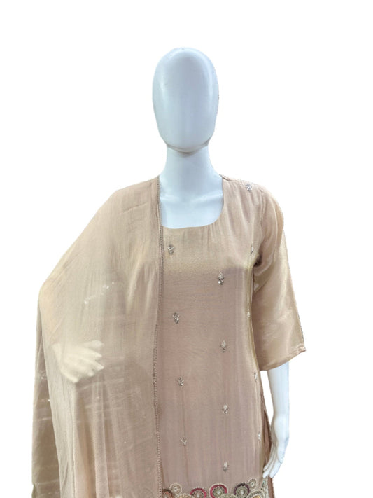 Luxurious Shimmer Silk 3-Piece Ensemble - Straight Top with Heavy Embroidery on Hemline, Loose Divider with Lining & Lace Dupatta in Soft Peach