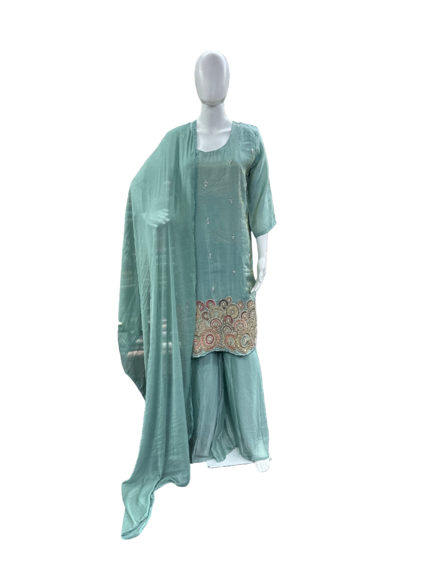 Luxurious Shimmer Silk 3-Piece Ensemble - Straight Top with Heavy Embroidery on Hemline, Loose Divider with Lining & Lace Dupatta in Serene Sea Green