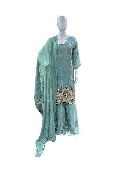 Luxurious Shimmer Silk 3-Piece Ensemble - Straight Top with Heavy Embroidery on Hemline, Loose Divider with Lining & Lace Dupatta in Serene Sea Green