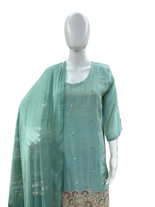 Luxurious Shimmer Silk 3-Piece Ensemble - Straight Top with Heavy Embroidery on Hemline, Loose Divider with Lining & Lace Dupatta in Serene Sea Green