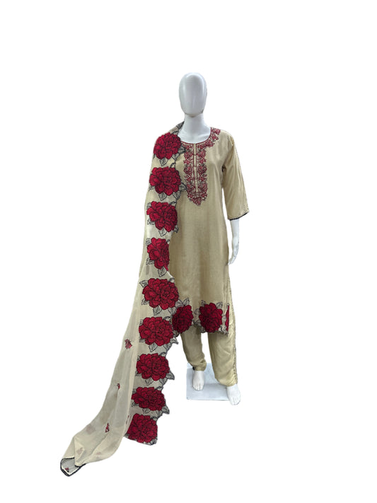 Luxurious Shimmer Silk 3-Piece Ensemble - Floral Thread Embroidery on Yoke, Red Flowers on Hemline with Lining & Heavy Cutwork Dupatta in Elegant Beige