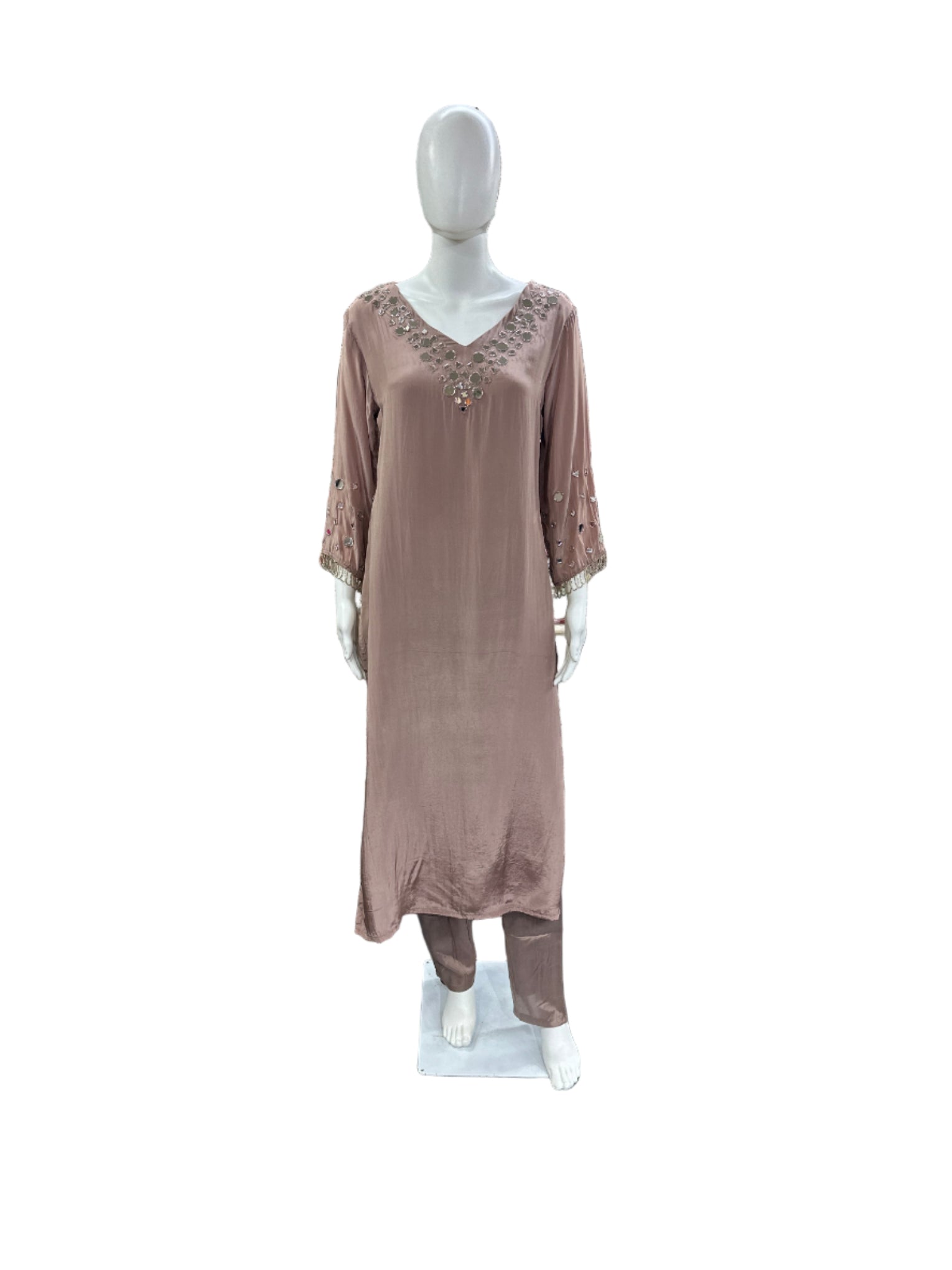 Luxurious Crepe 3-Piece Ensemble - Straight Top with Mirror Work on Yoke & Sleeves, Dupatta with Tassels & Lining in Sophisticated Mauve