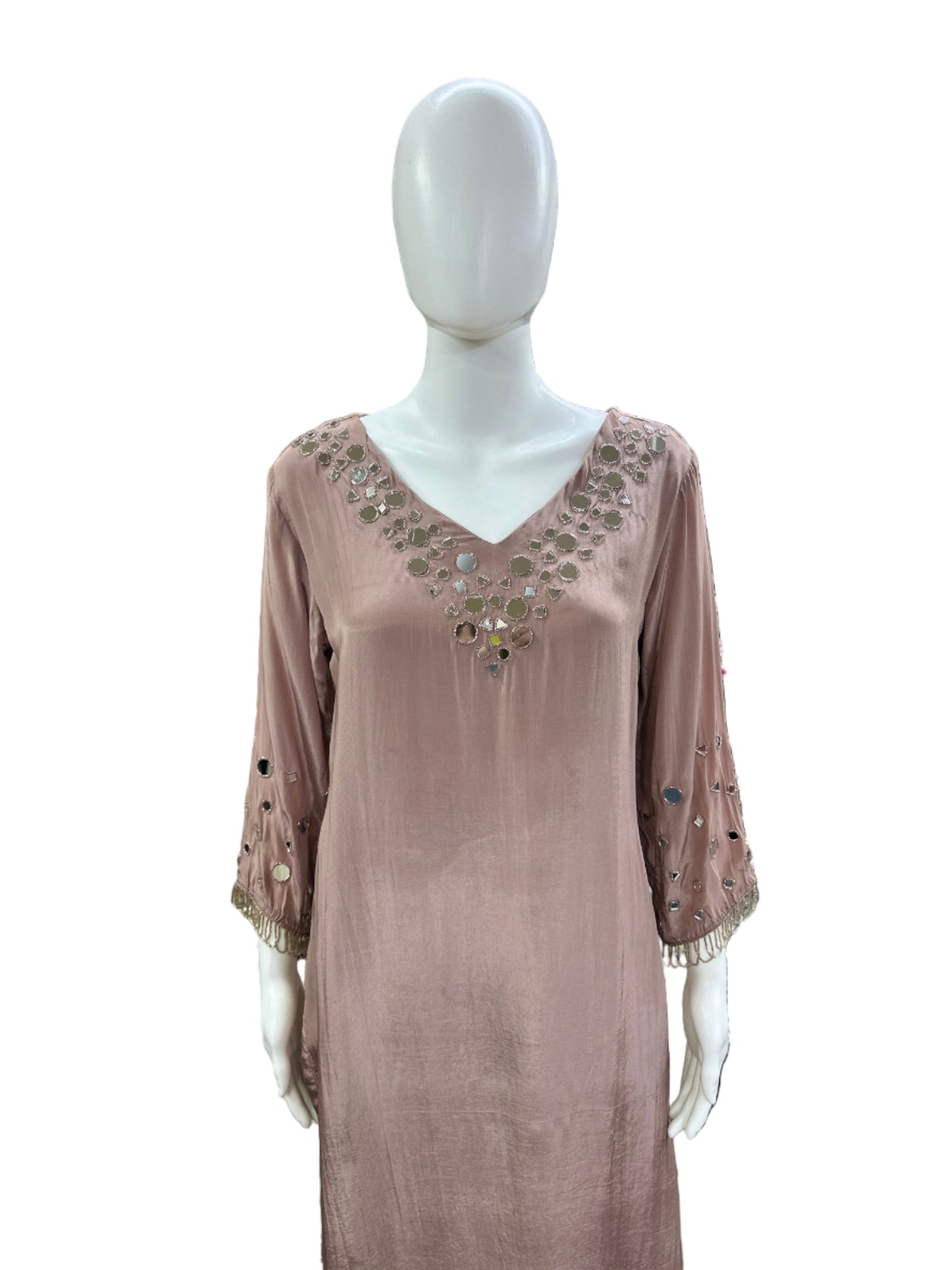 Luxurious Crepe 3-Piece Ensemble - Straight Top with Mirror Work on Yoke & Sleeves, Dupatta with Tassels & Lining in Sophisticated Mauve