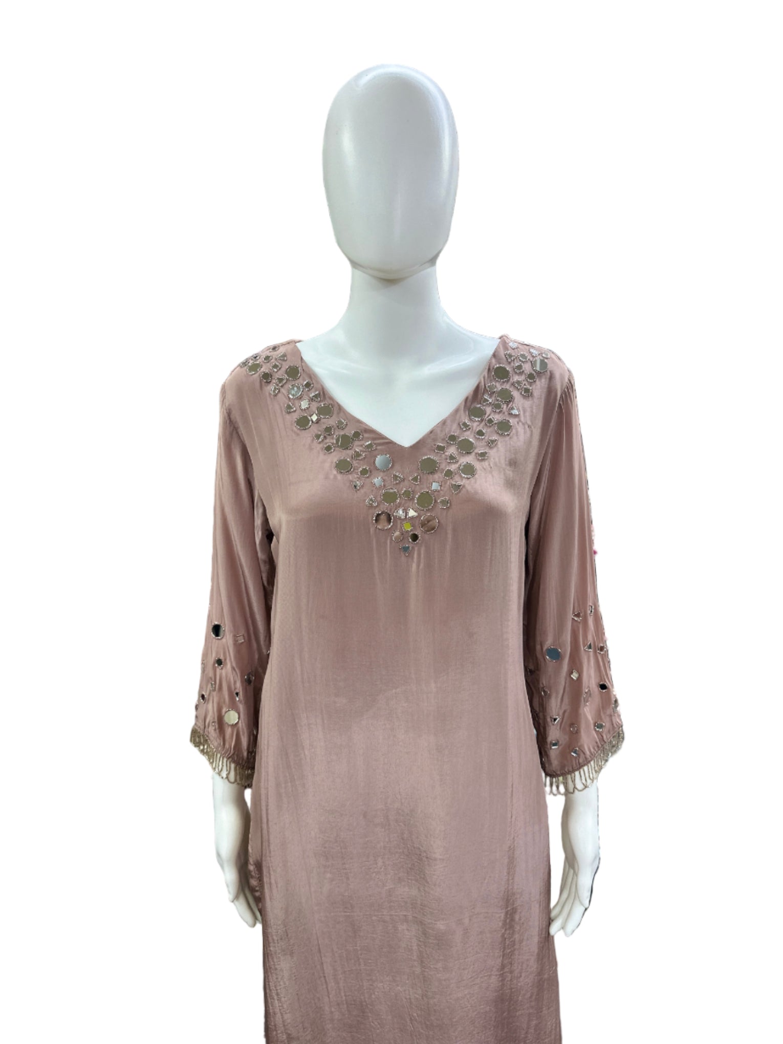 Luxurious Crepe 3-Piece Ensemble - Straight Top with Mirror Work on Yoke & Sleeves, Dupatta with Tassels & Lining in Sophisticated Mauve
