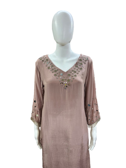 Luxurious Crepe 3-Piece Ensemble - Straight Top with Mirror Work on Yoke & Sleeves, Dupatta with Tassels & Lining in Sophisticated Mauve