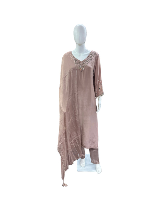Luxurious Crepe 3-Piece Ensemble - Straight Top with Mirror Work on Yoke & Sleeves, Dupatta with Tassels & Lining in Sophisticated Mauve