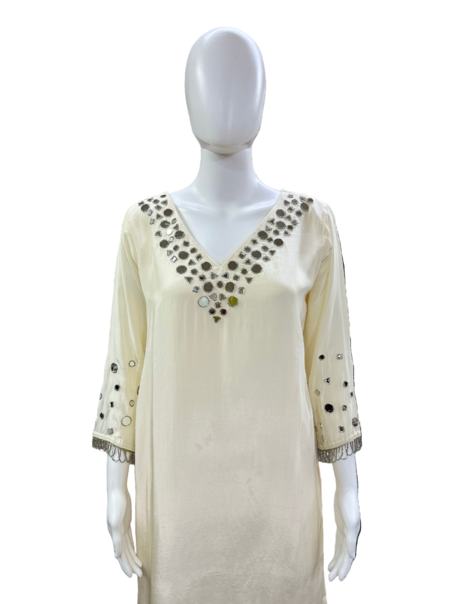 Luxurious Crape 3-Piece Ensemble - Straight Top with Mirror Work on Yoke & Sleeves, Dupatta with Tassels & Lining in Elegant Cream