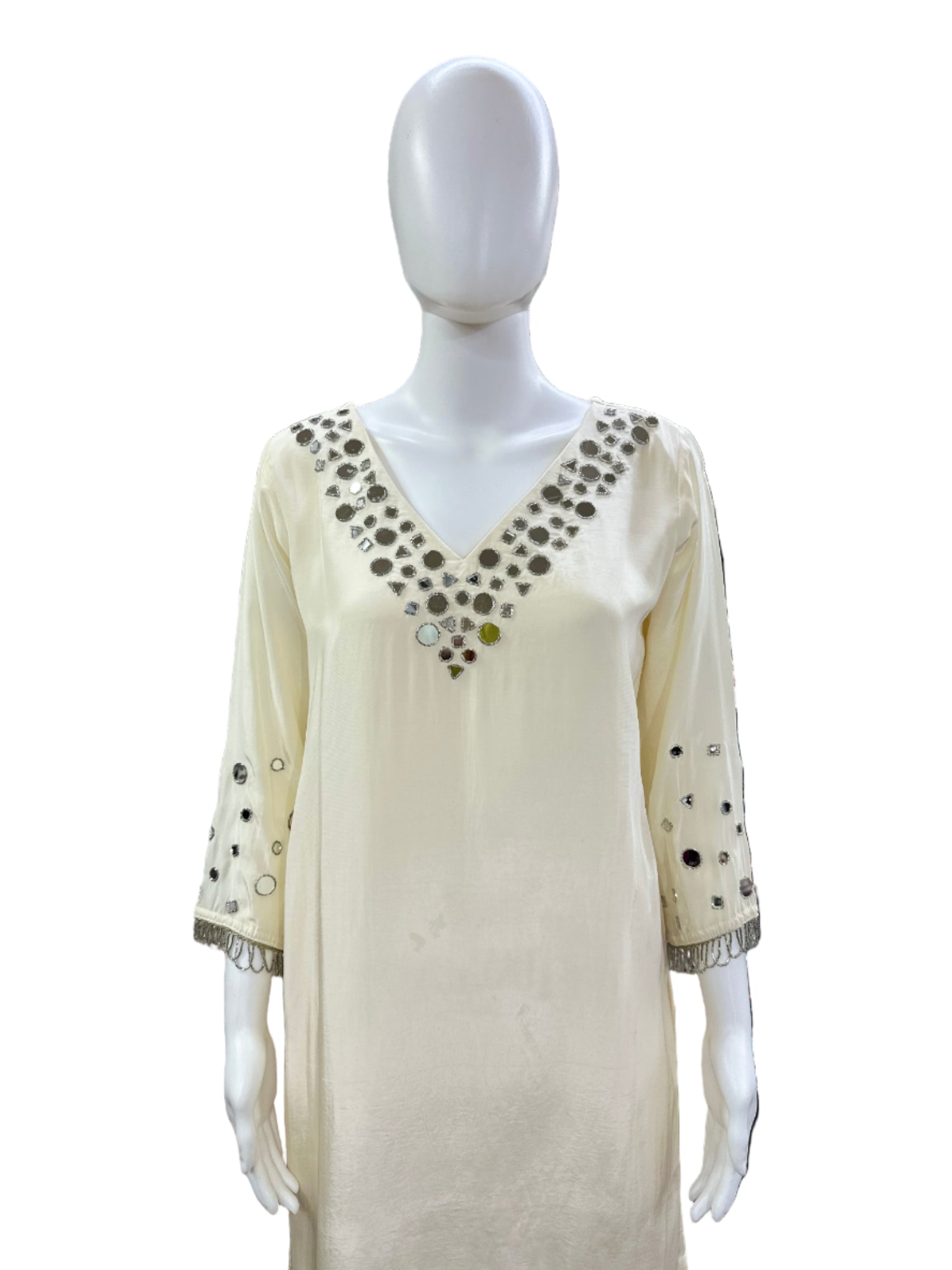 Luxurious Crape 3-Piece Ensemble - Straight Top with Mirror Work on Yoke & Sleeves, Dupatta with Tassels & Lining in Elegant Cream