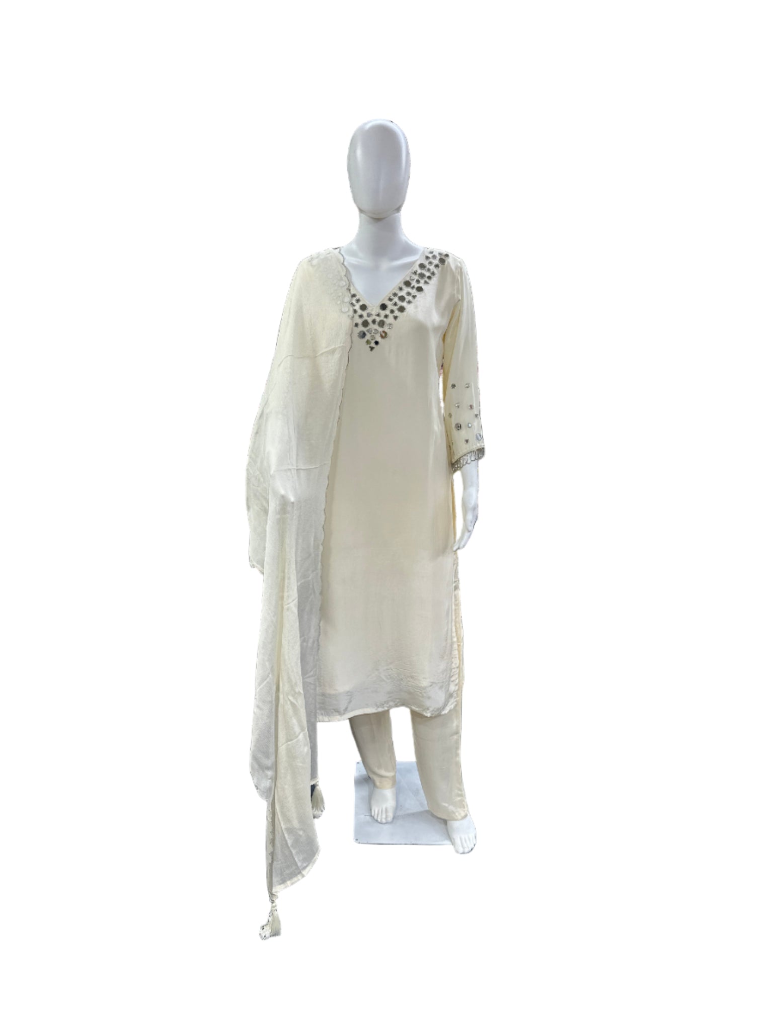Luxurious Crape 3-Piece Ensemble - Straight Top with Mirror Work on Yoke & Sleeves, Dupatta with Tassels & Lining in Elegant Cream