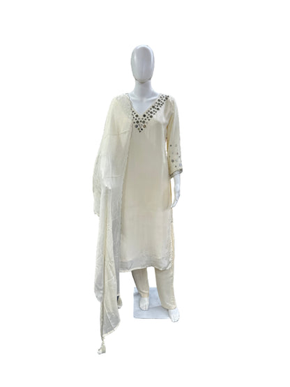 Luxurious Crape 3-Piece Ensemble - Straight Top with Mirror Work on Yoke & Sleeves, Dupatta with Tassels & Lining in Elegant Cream