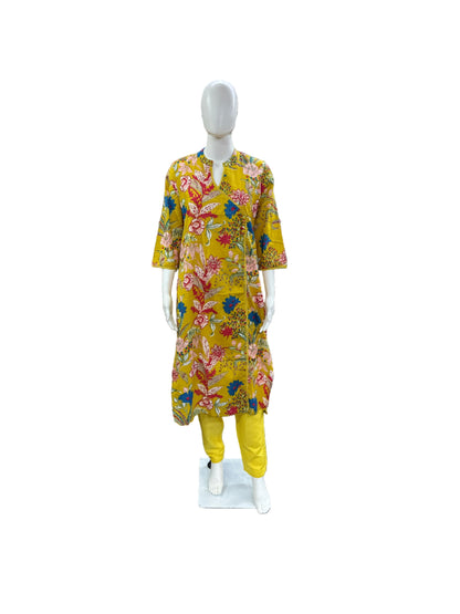 Breathable Cotton 3-Piece Ensemble - Traditional Floral Print with Collar & Classic Angrakha Pattern in Vibrant Mustard