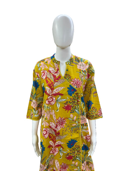 Breathable Cotton 3-Piece Ensemble - Traditional Floral Print with Collar & Classic Angrakha Pattern in Vibrant Mustard