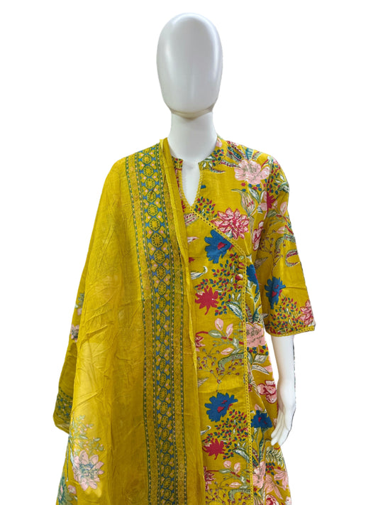 Breathable Cotton 3-Piece Ensemble - Traditional Floral Print with Collar & Classic Angrakha Pattern in Vibrant Mustard