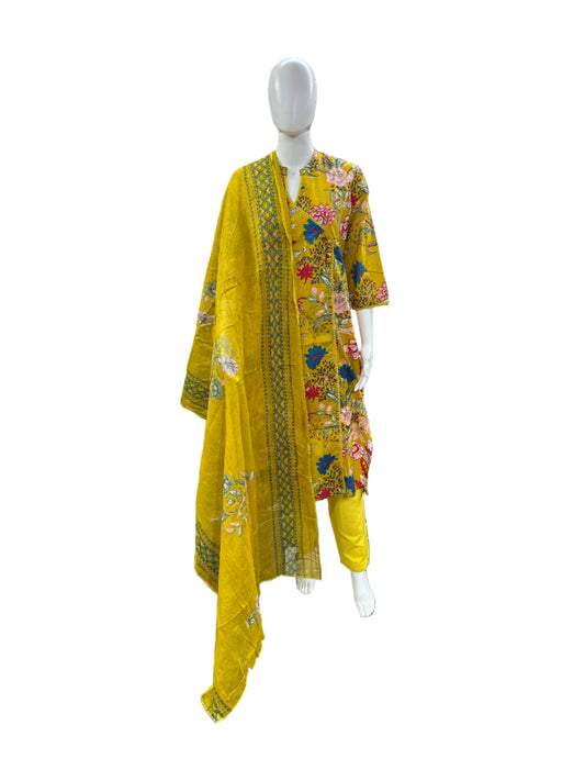 Breathable Cotton 3-Piece Ensemble - Traditional Floral Print with Collar & Classic Angrakha Pattern in Vibrant Mustard