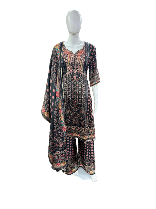 Luxurious Chinnon 3-Piece Ensemble - A-Line Top with Mirror, Cutdana &amp; Lacework, Flowing Palazzo with Lining &amp; Dupatta in Classic Black