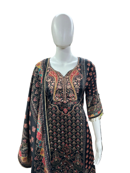 Luxurious Chinnon 3-Piece Ensemble - A-Line Top with Mirror, Cutdana &amp; Lacework, Flowing Palazzo with Lining &amp; Dupatta in Classic Black