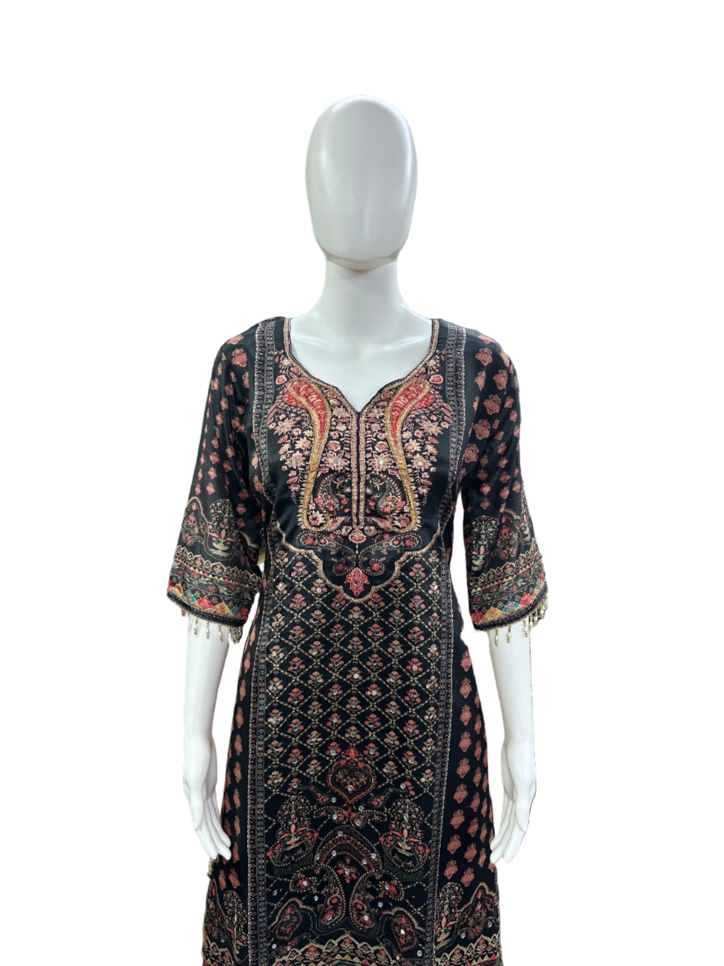 Luxurious Chinnon 3-Piece Ensemble - A-Line Top with Mirror, Cutdana & Lacework, Flowing Palazzo with Lining & Dupatta in Classic Black