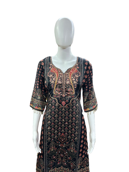 Luxurious Chinnon 3-Piece Ensemble - A-Line Top with Mirror, Cutdana & Lacework, Flowing Palazzo with Lining & Dupatta in Classic Black