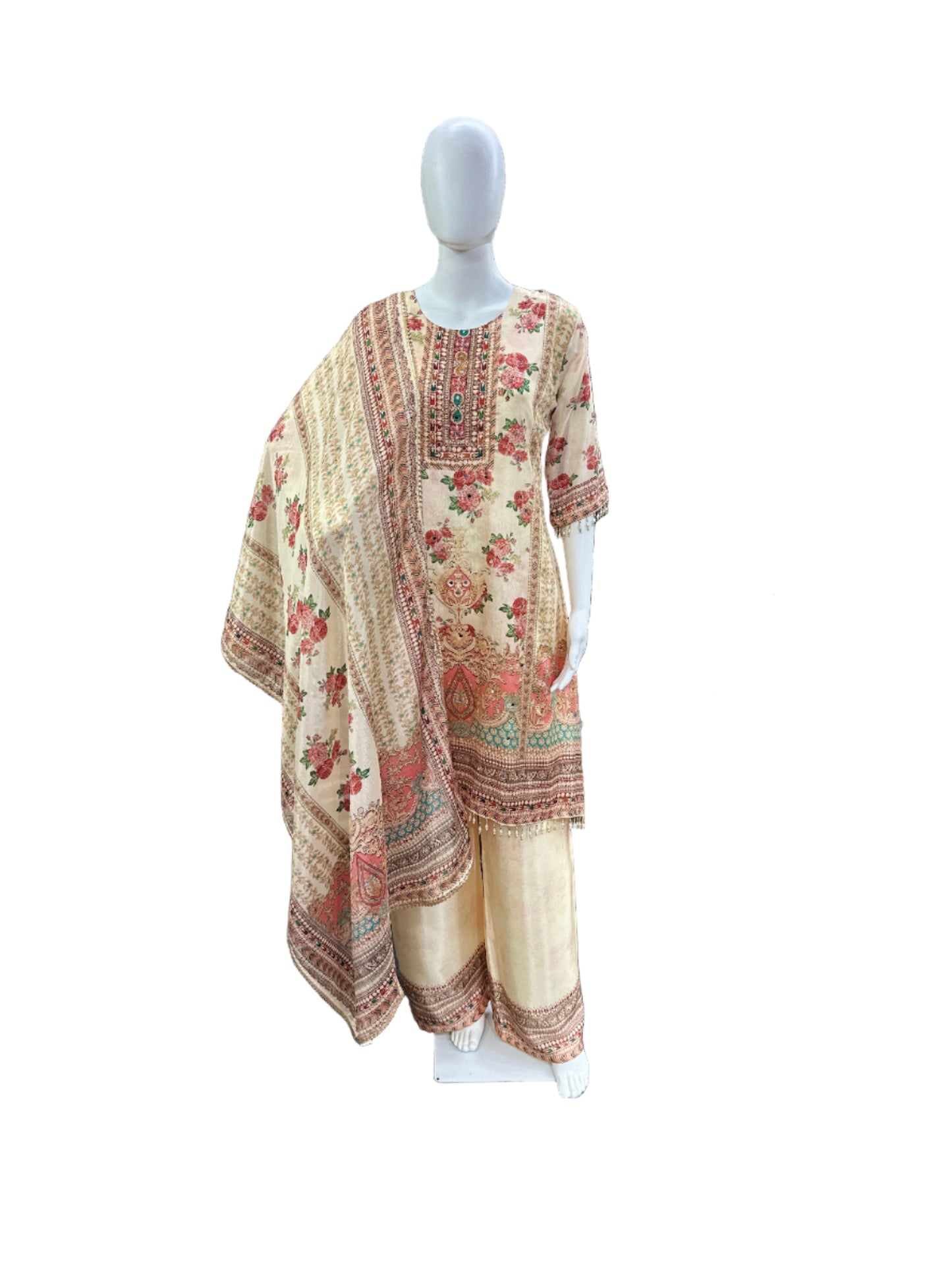 Luxurious Chinnon 3-Piece Ensemble - A-Line Top with Mirror, Cutdana & Lacework, Flowing Palazzo with Lining & Dupatta in Elegant Cream