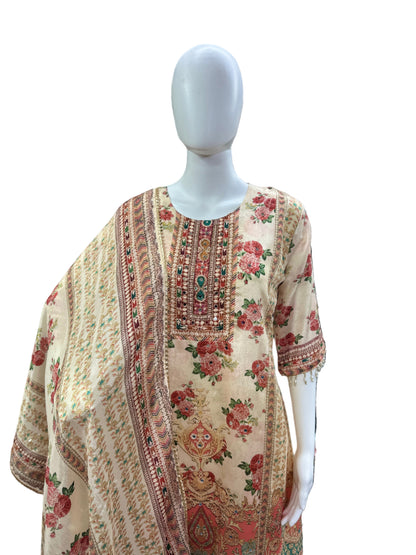 Luxurious Chinnon 3-Piece Ensemble - A-Line Top with Mirror, Cutdana & Lacework, Flowing Palazzo with Lining & Dupatta in Elegant Cream